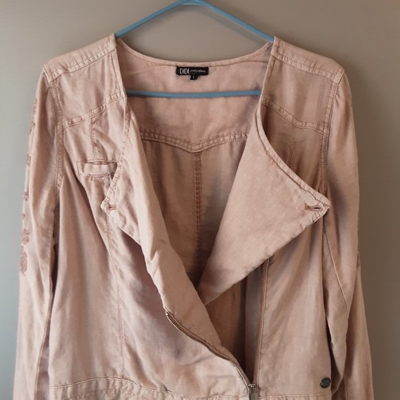 DiDi Women's 100% Linen Embroidered Moto Blazer Blush Beige Size Large - Picture 7 of 14